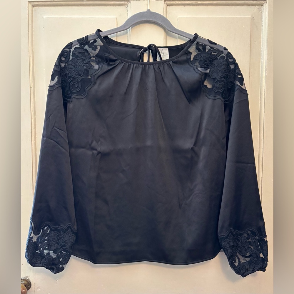 Joie Lace Embroidered Satin Long Sleeve Blouse, size XS